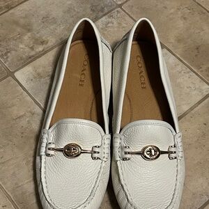 Coach White Loafer Leather Flats with Gold Accents